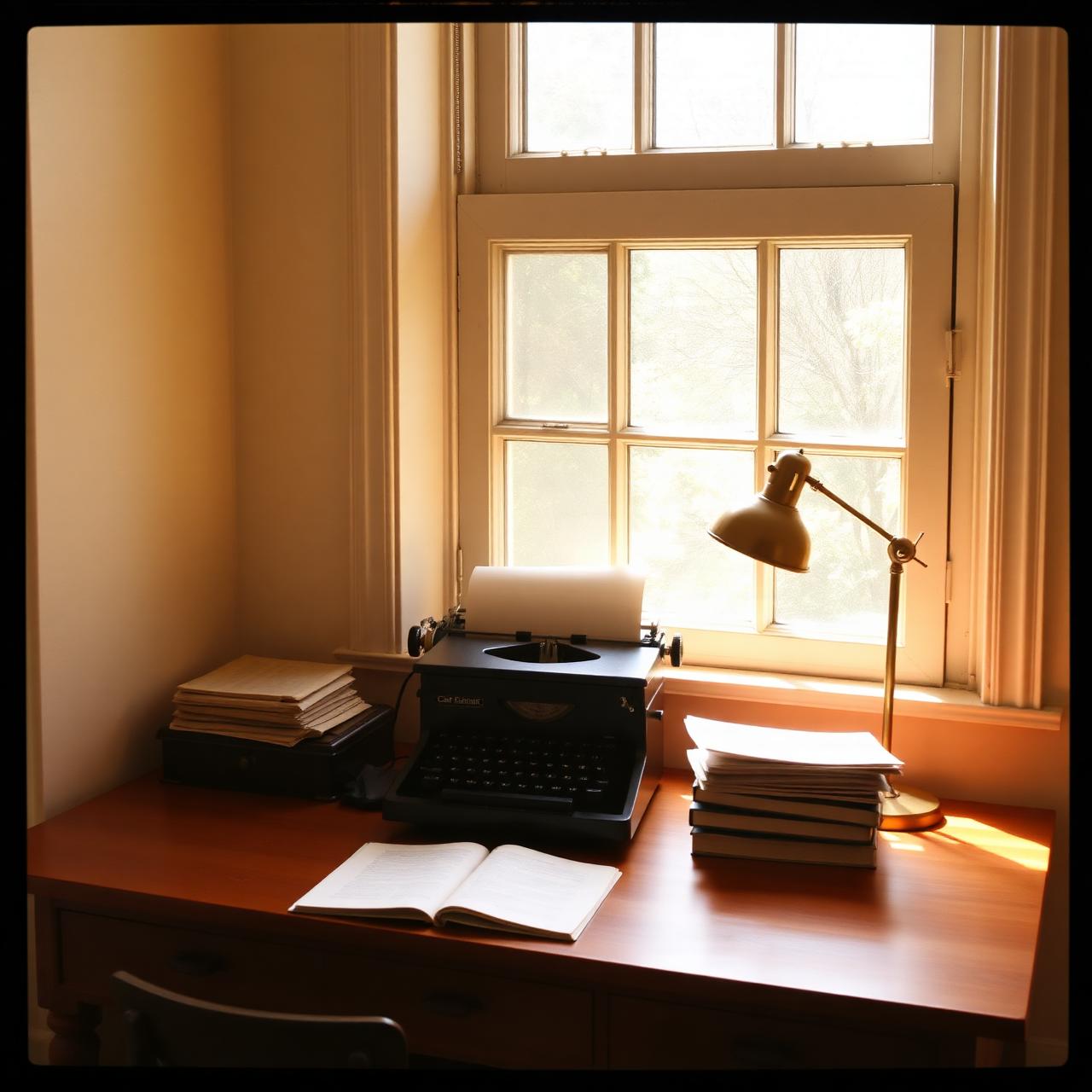A sunlit writing desk with a typewriter and manuscript pages